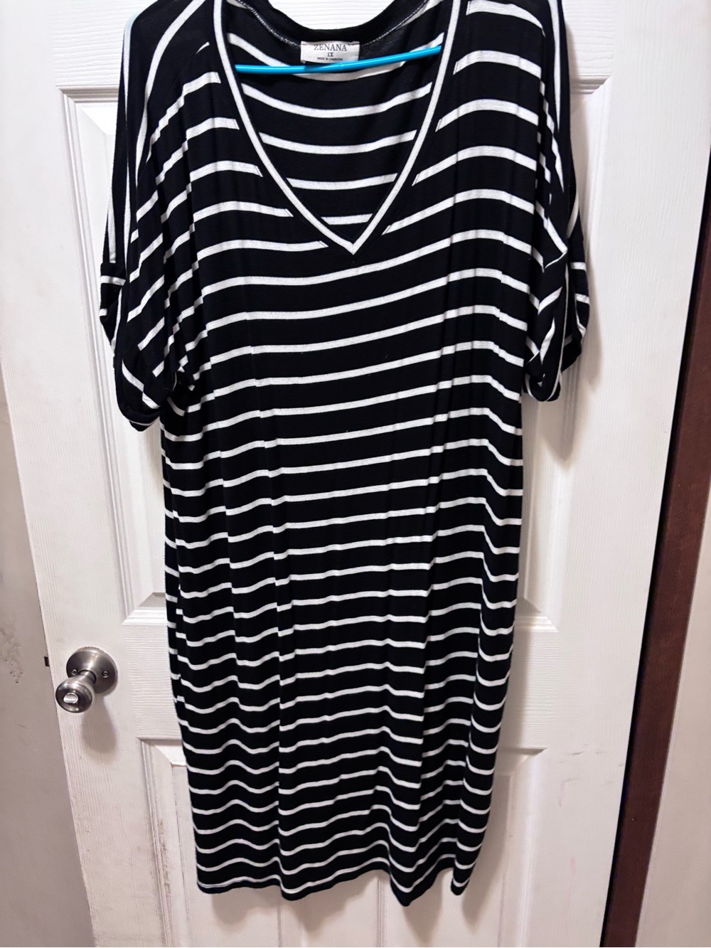 Zenana Outfitters Black & White Striped V-Neck Midi Dress